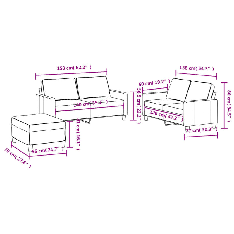 Set de canapele cu perne, 3 piese, maro, textil