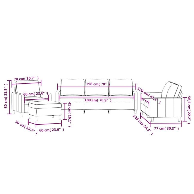 Set de canapele cu perne, 4 piese, crem, catifea