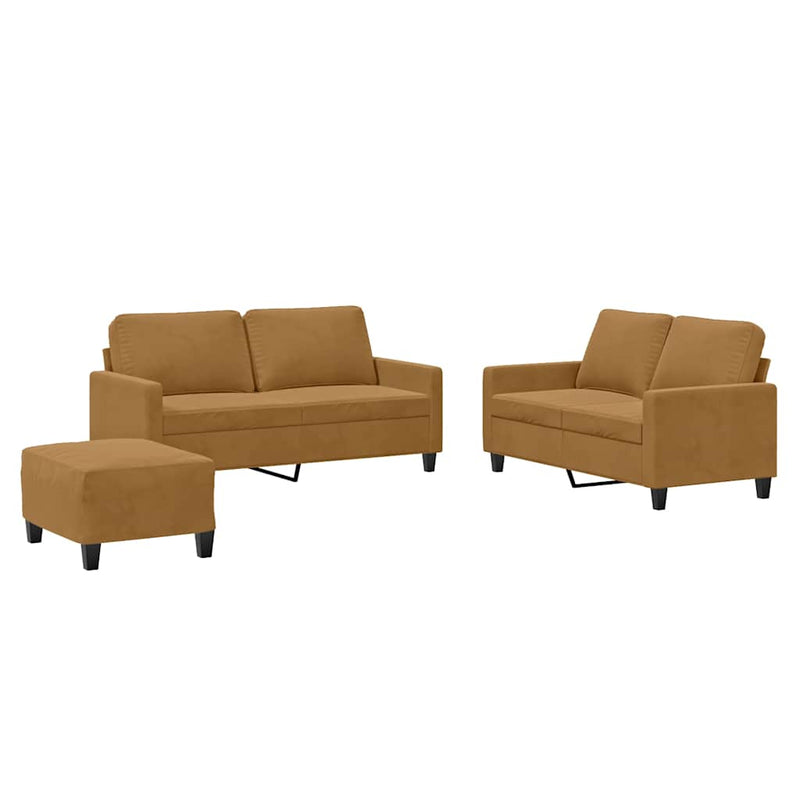 Set de canapele cu perne, 3 piese, maro, catifea