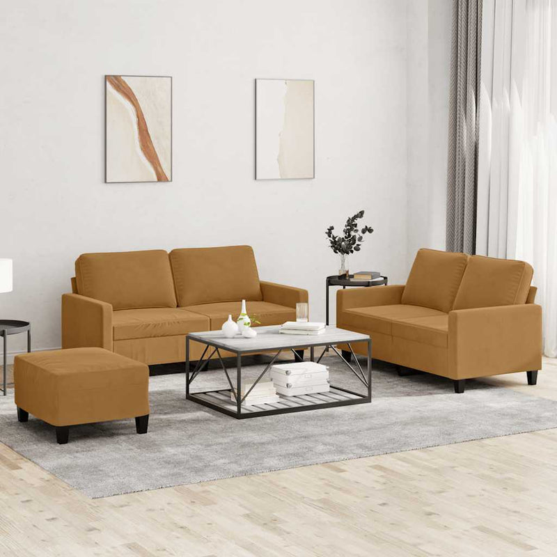 Set de canapele cu perne, 3 piese, maro, catifea