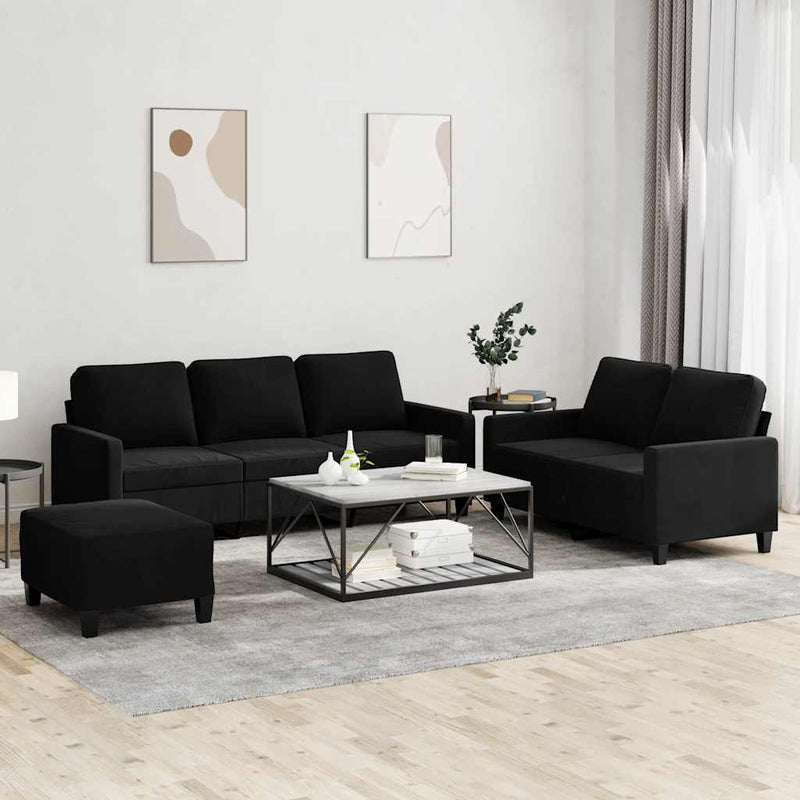 Set de canapele cu perne, 3 piese, negru, catifea