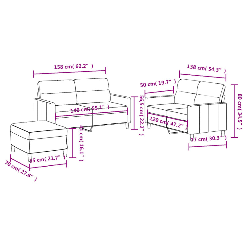 Set de canapele cu perne, 3 piese, gri deschis, textil