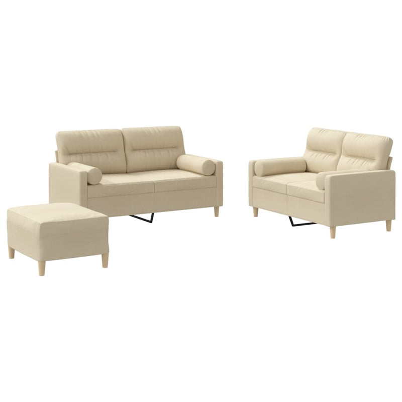Set de canapele cu perne, 3 piese, crem, textil