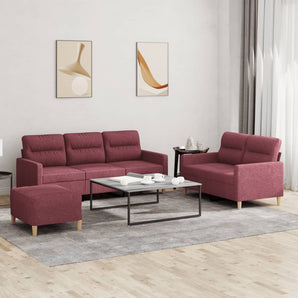 Set canapea cu perne, 3 piese, roșu vin, material textil