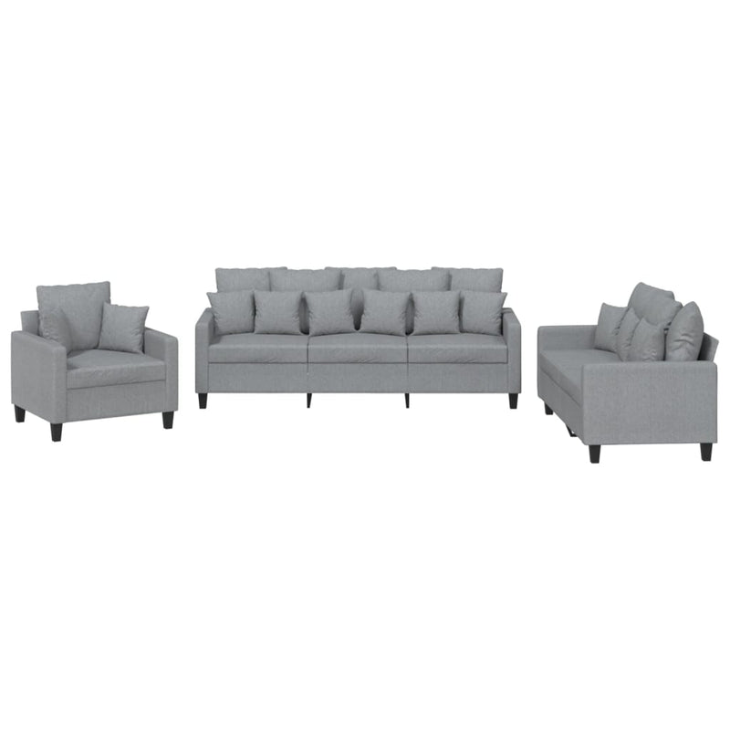 Set de canapele cu perne, 3 piese, gri deschis, textil