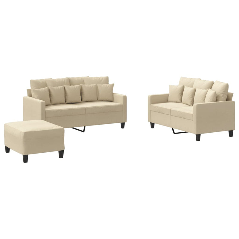 Set de canapele cu perne, 3 piese, crem, textil