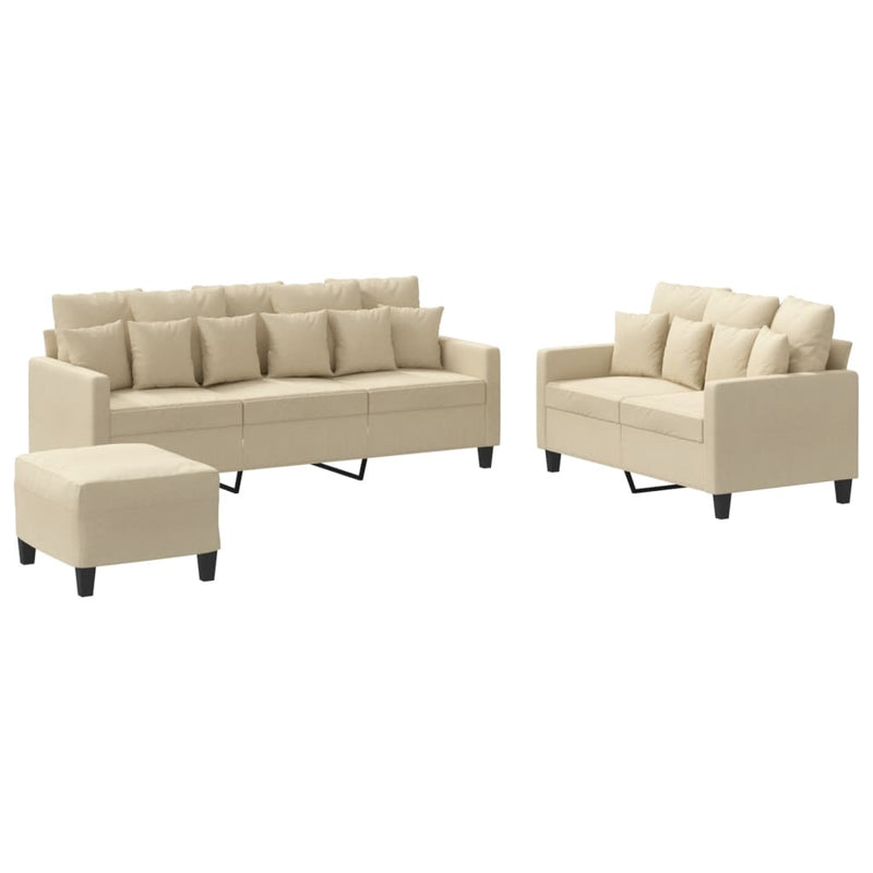 Set de canapele cu perne, 3 piese, crem, textil