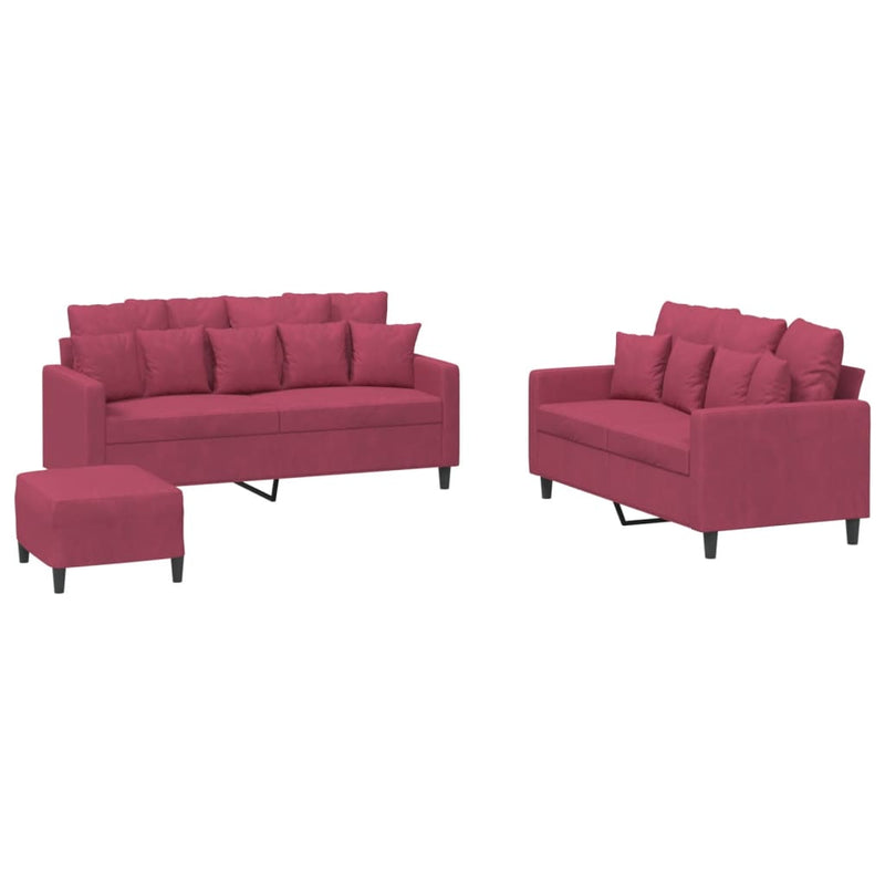 Set canapea cu perne, 3 piese, roșu vin, catifea