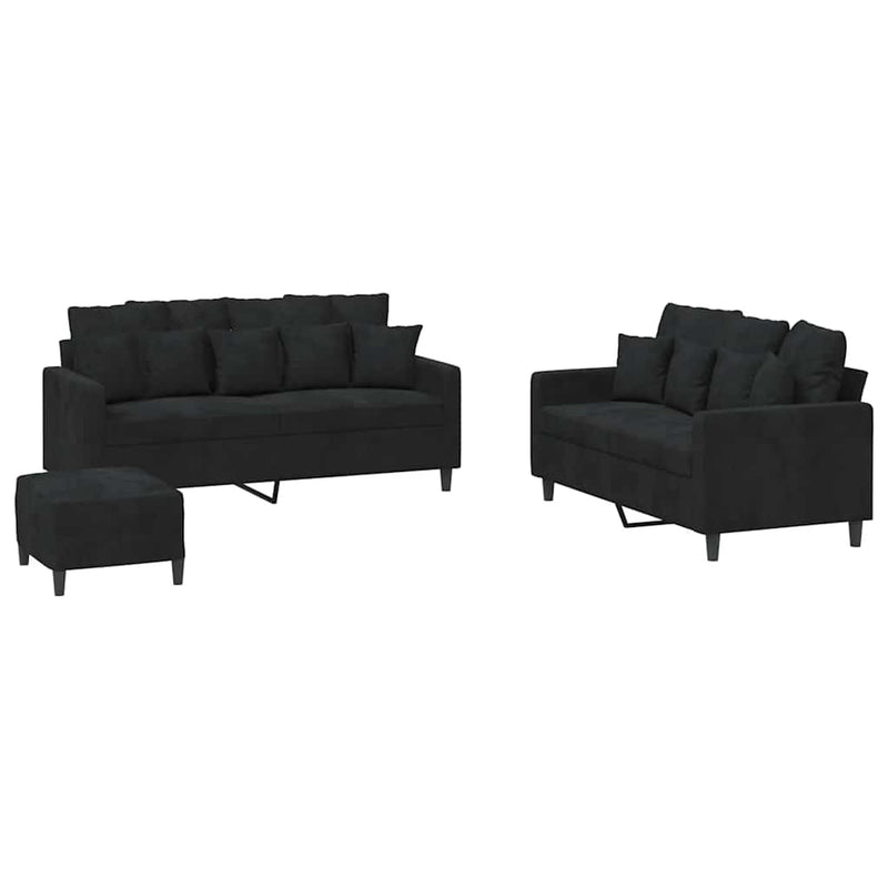Set de canapele cu perne, 3 piese, negru, catifea