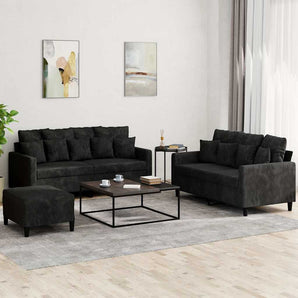 Set de canapele cu perne, 3 piese, negru, catifea