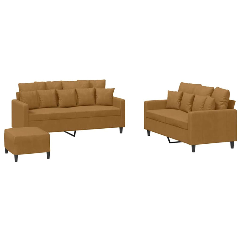 Set de canapele cu perne, 3 piese, maro, catifea