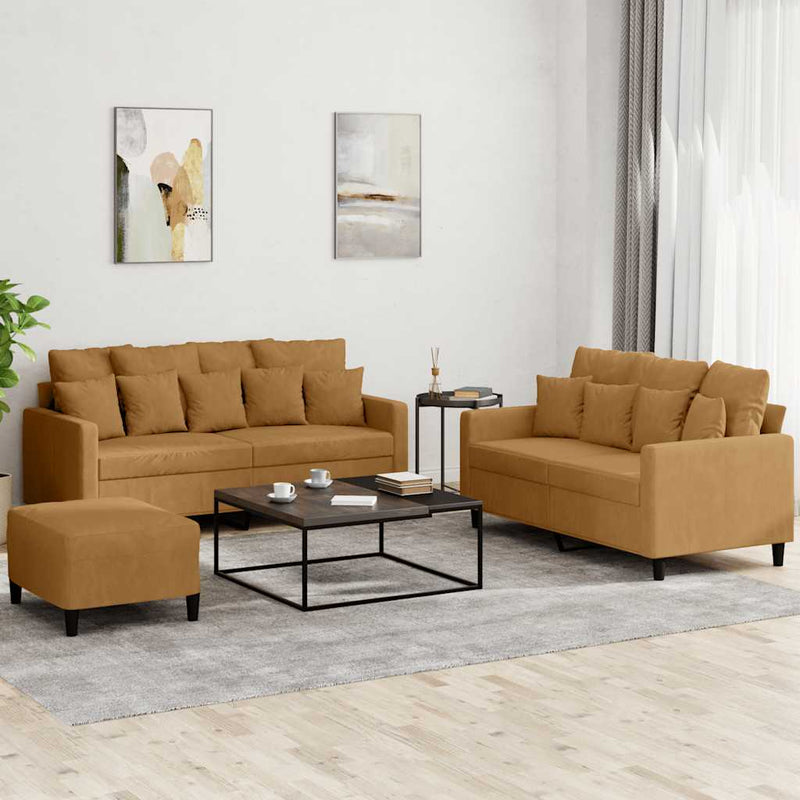 Set de canapele cu perne, 3 piese, maro, catifea