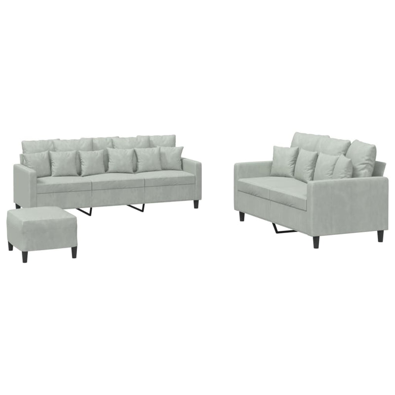 Set de canapele cu perne, 3 piese, gri deschis, catifea