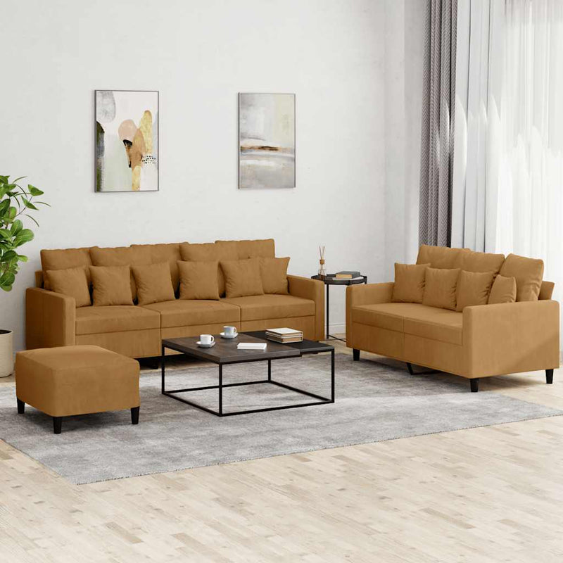 Set de canapele cu perne, 3 piese, maro, catifea
