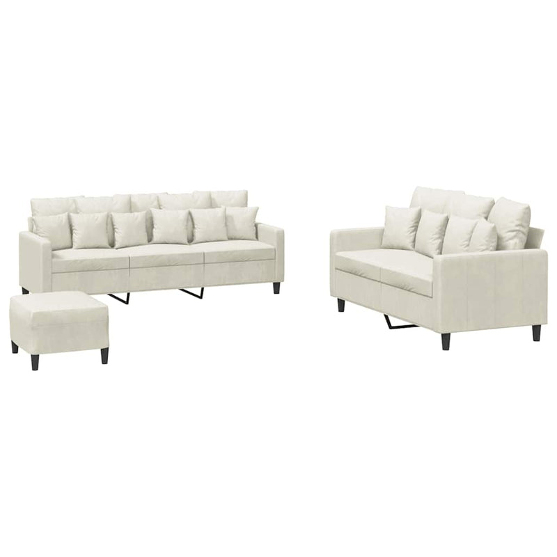 Set de canapele cu perne, 3 piese, crem, catifea