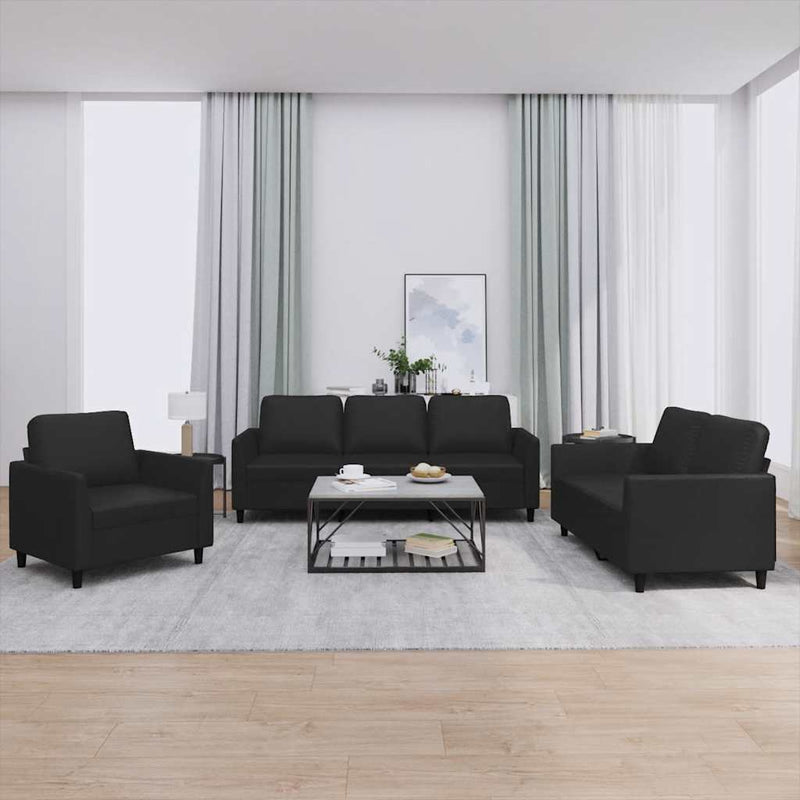 Set de canapele cu perne, 3 piese, negru, piele ecologică