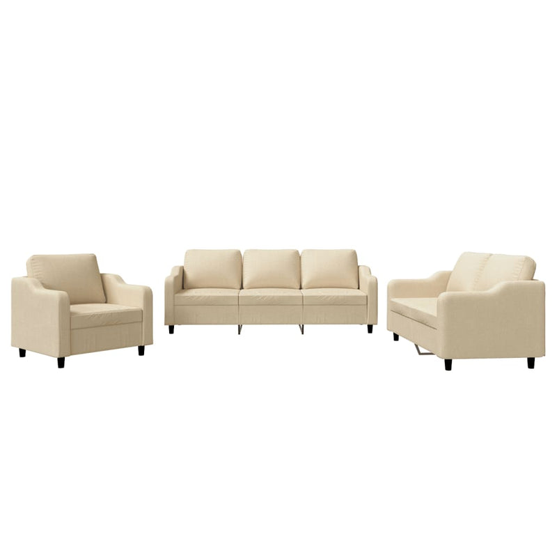 Set de canapele cu perne, 3 piese, crem, textil