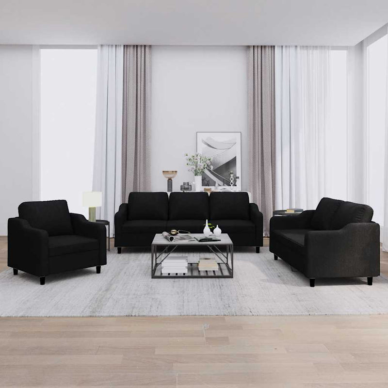 Set de canapele cu perne, 3 piese, negru, textil