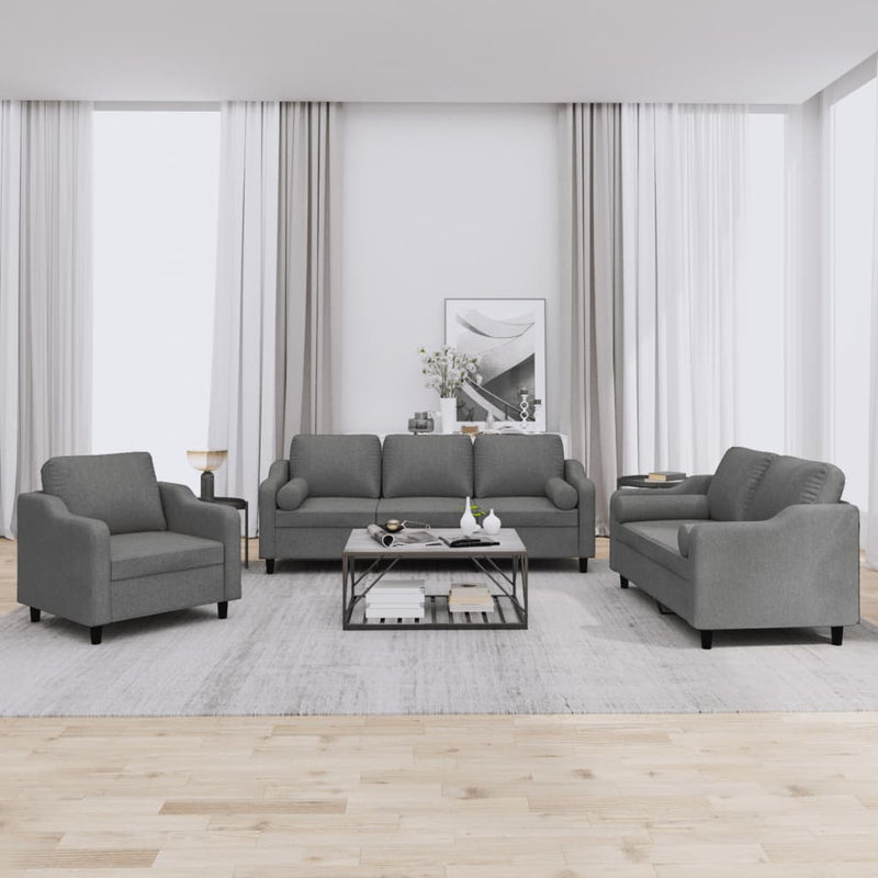 Set de canapele cu perne, 3 piese, gri închis, textil