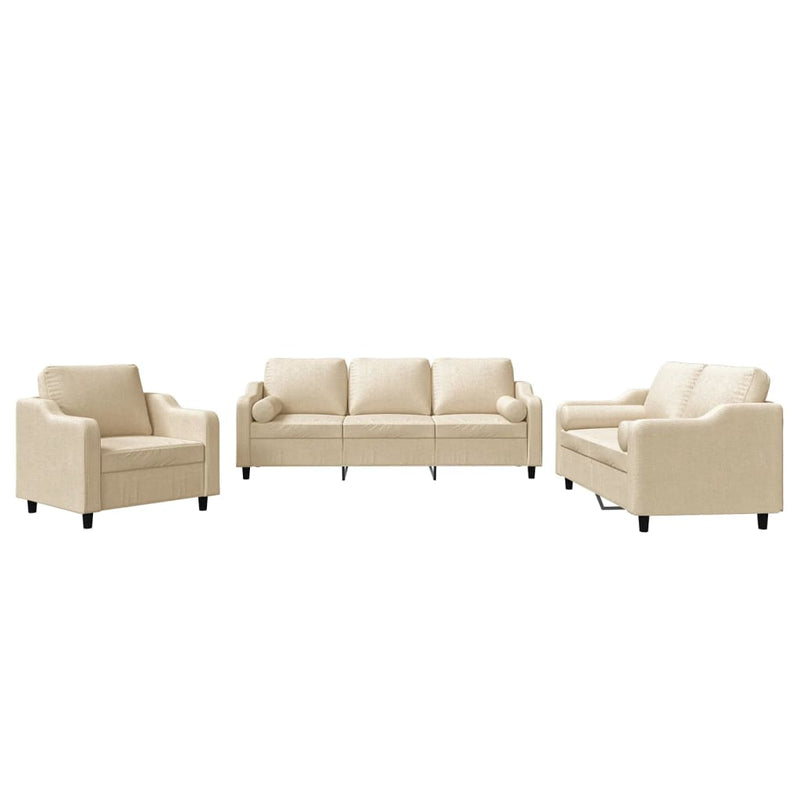Set de canapele cu perne, 3 piese, crem, textil