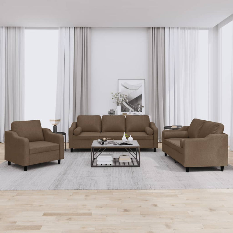 Set de canapele cu perne, 3 piese, maro, textil