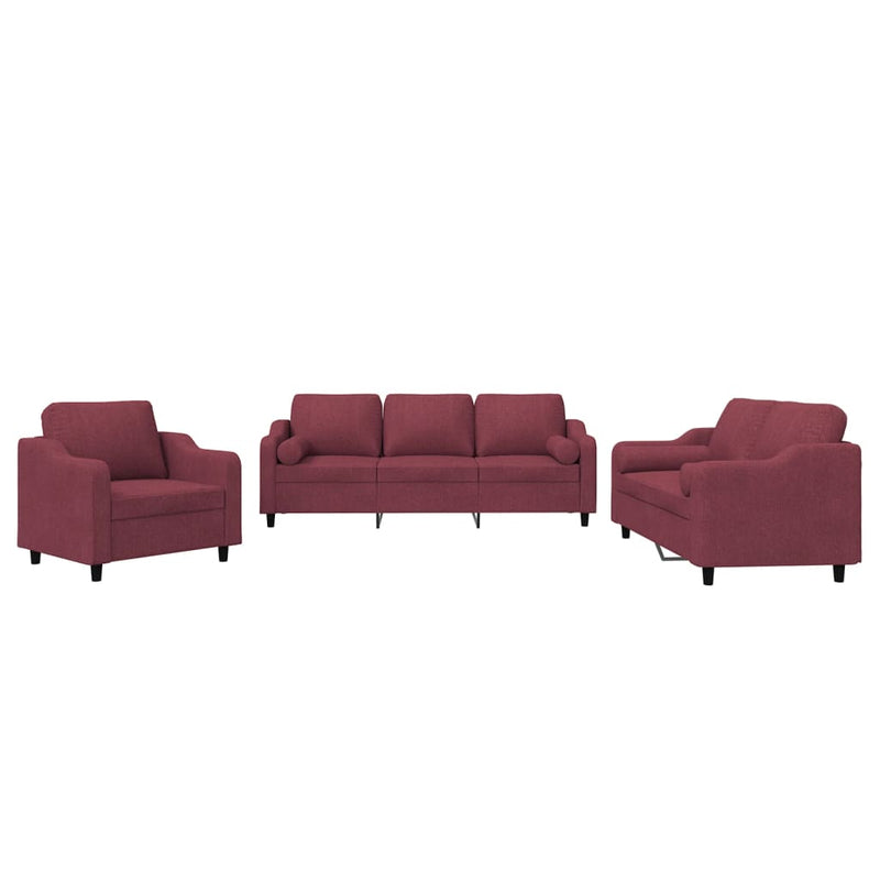 Set canapea cu perne, 3 piese, roșu vin, material textil