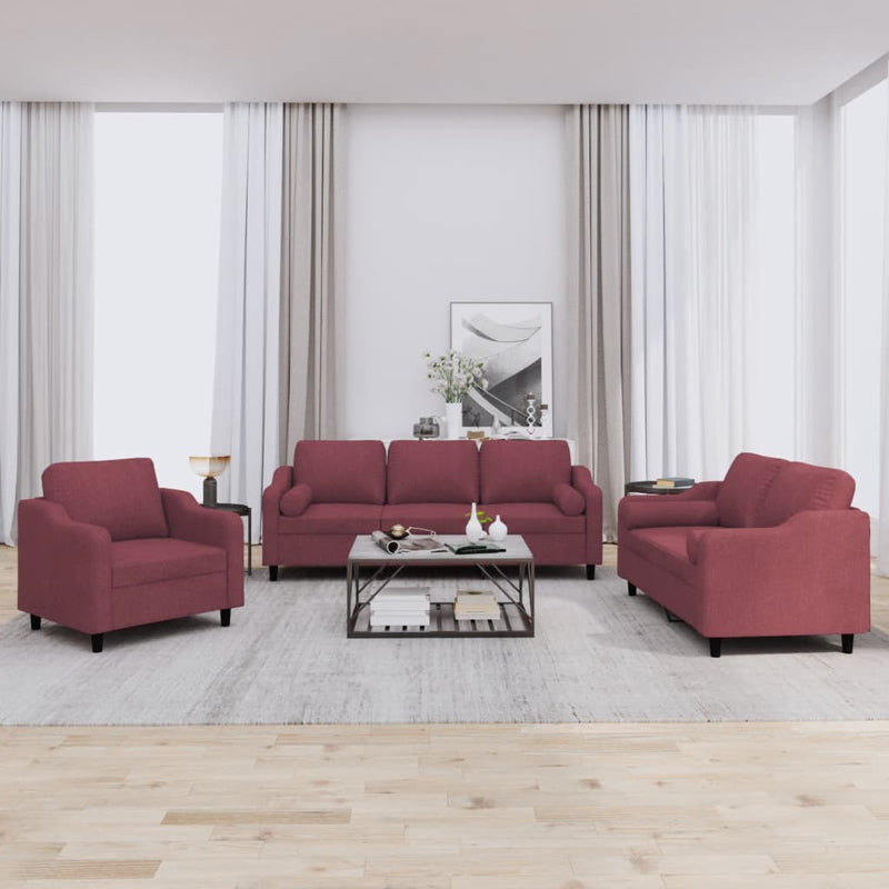 Set canapea cu perne, 3 piese, roșu vin, material textil