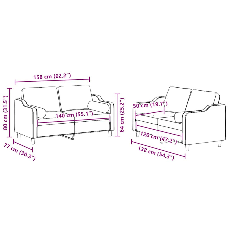 Set de canapele cu perne, 2 piese, gri deschis, material textil