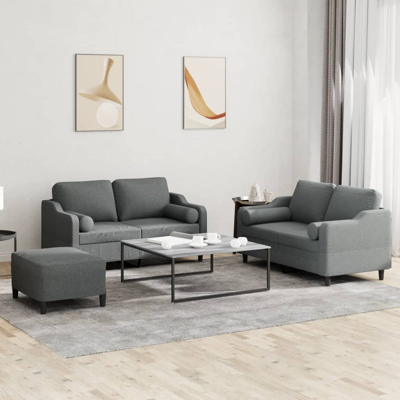 Set de canapele cu perne, 3 piese, gri închis, textil