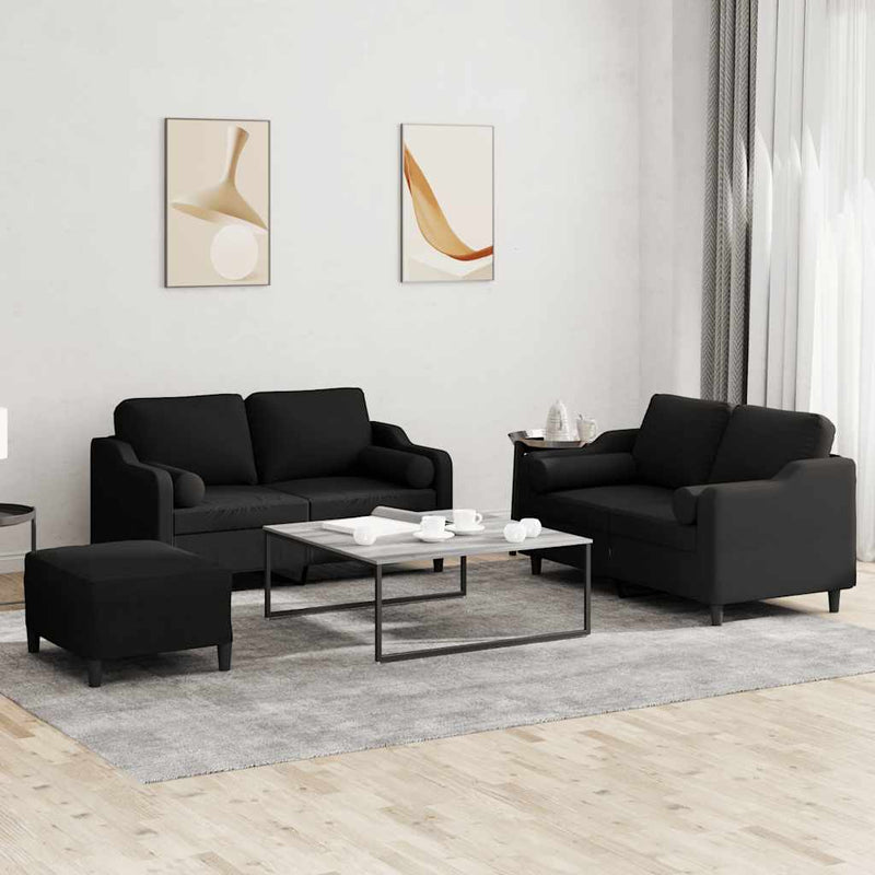 Set de canapele cu perne, 3 piese, negru, textil