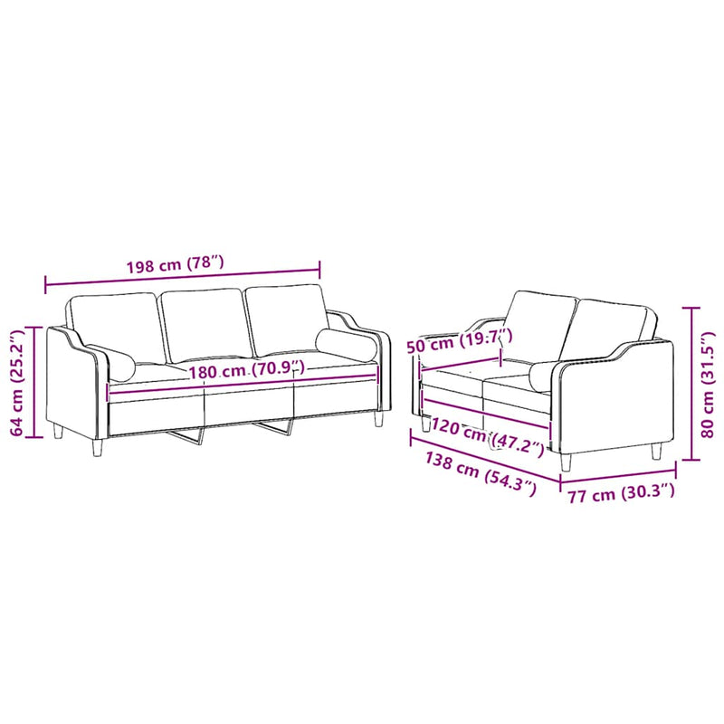 Set de canapele cu perne, 2 piese, gri deschis, material textil