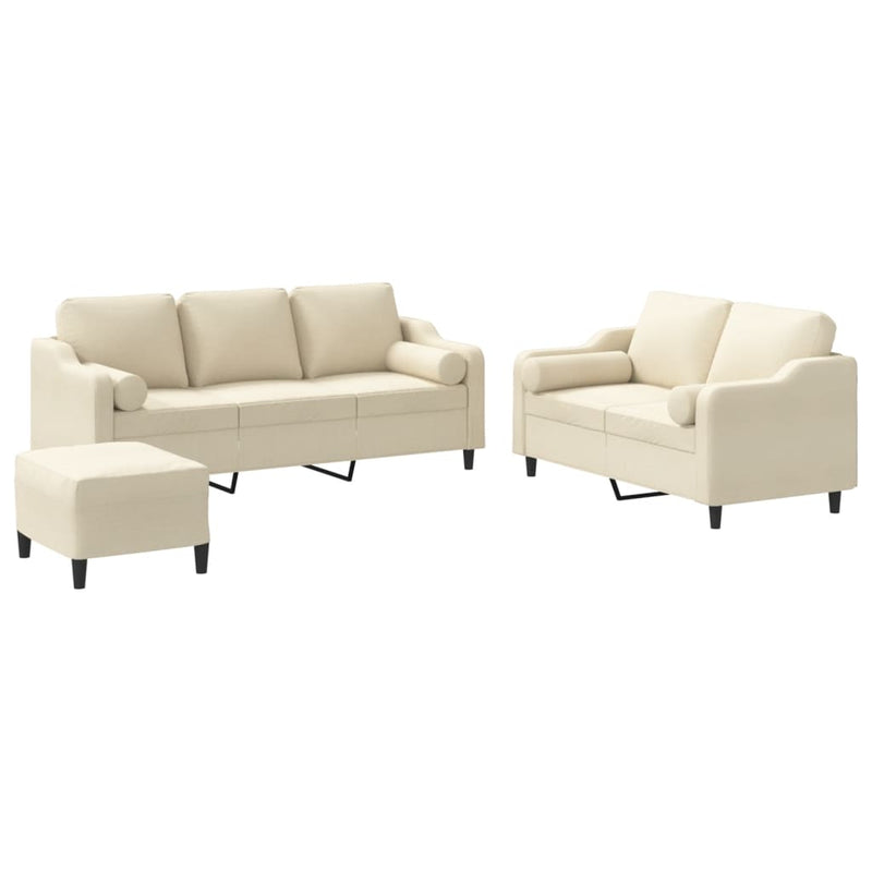 Set de canapele cu perne, 3 piese, crem, textil