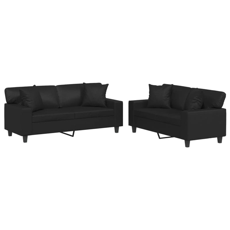 Set de canapele cu perne, 2 piese, negru, piele ecologică