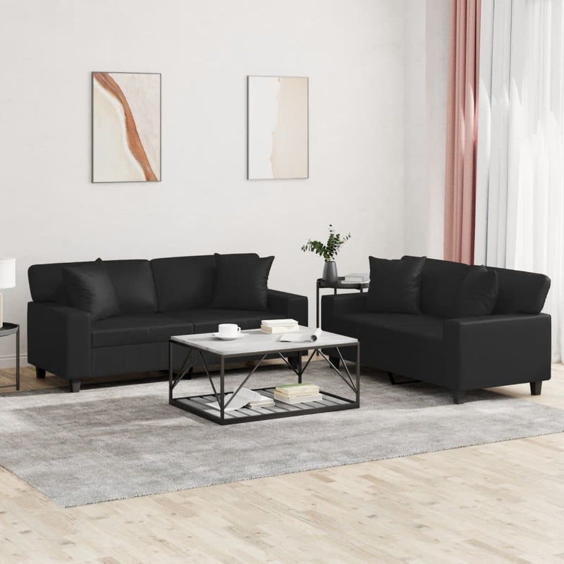 Set de canapele cu perne, 2 piese, negru, piele ecologică
