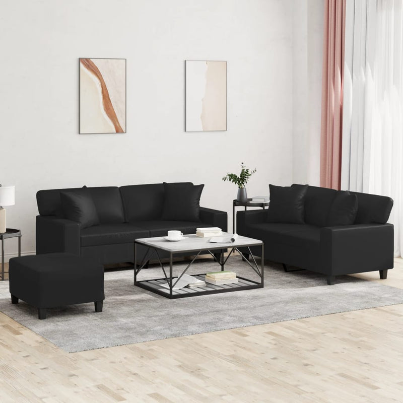 Set de canapele cu perne, 3 piese, negru, piele ecologică