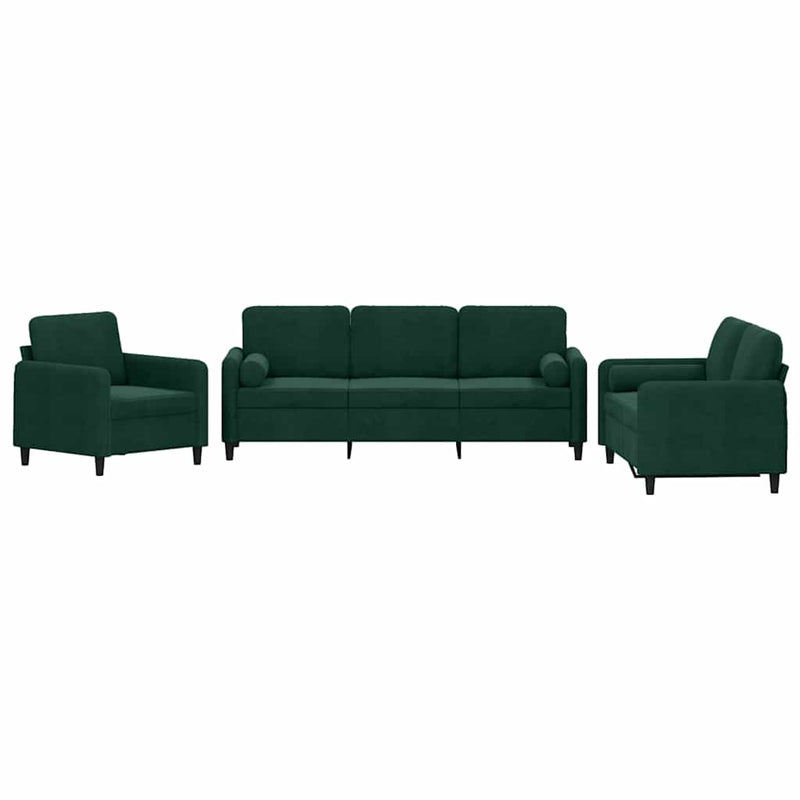 Set canapea cu perne, 3 piese, verde închis, catifea