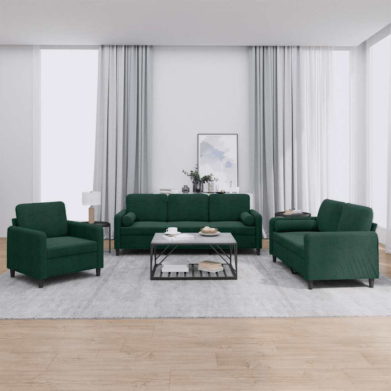Set canapea cu perne, 3 piese, verde închis, catifea