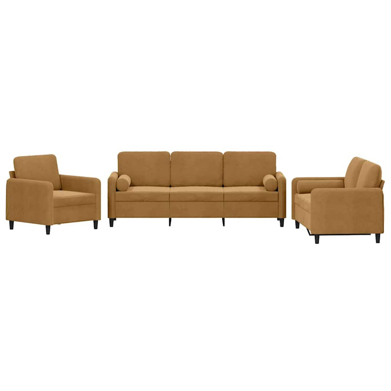 Set de canapele cu perne, 3 piese, maro, catifea