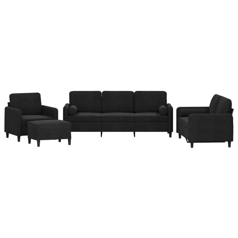 Set de canapele cu perne, 4 piese, negru, catifea