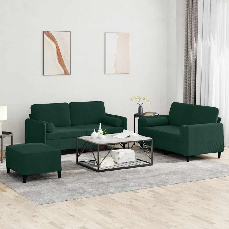 Set canapea cu perne, 3 piese, verde închis, catifea