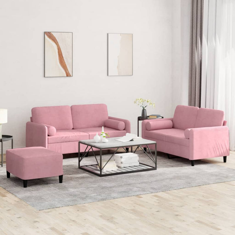 Set canapea cu perne, 3 piese, roz, catifea