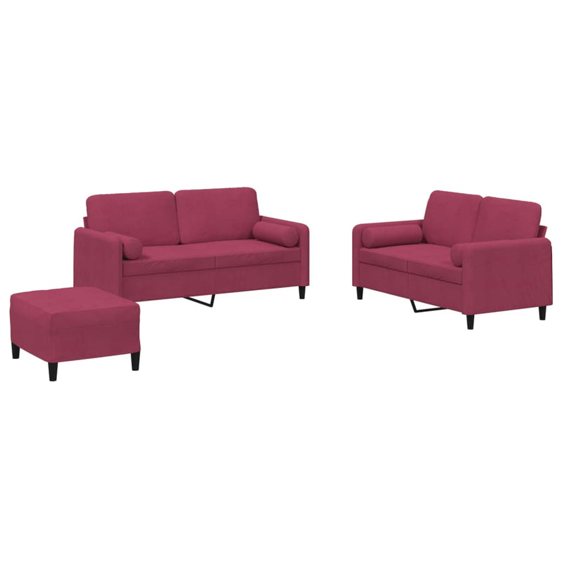 Set canapele cu perne, 3 piese, roșu vin, catifea