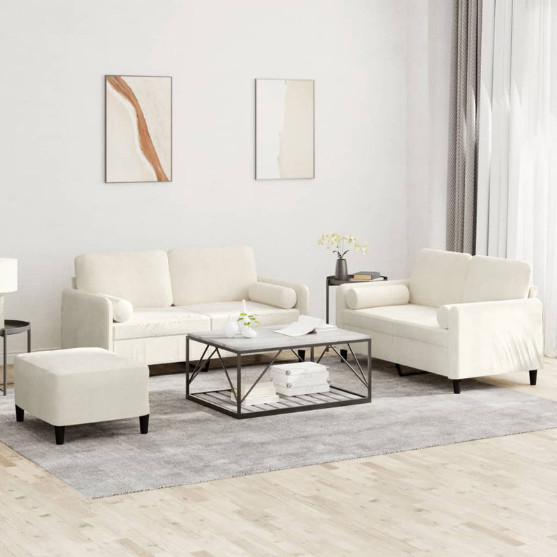 Set de canapele cu perne, 3 piese, crem, catifea
