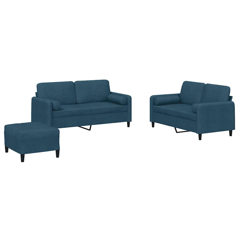 Set de canapele cu perne, 3 piese, albastru, catifea