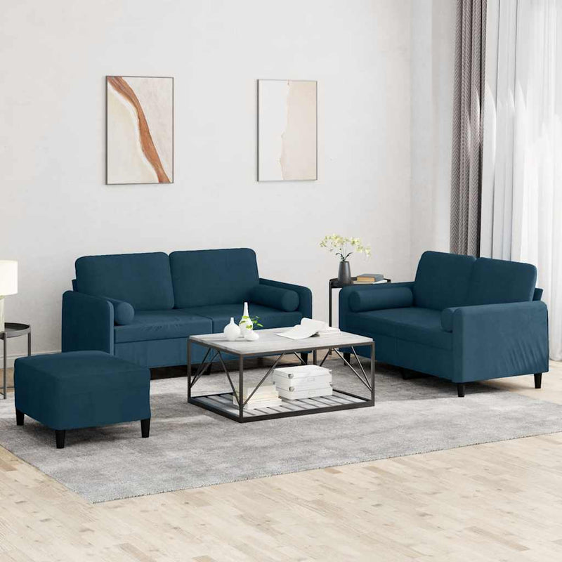 Set de canapele cu perne, 3 piese, albastru, catifea