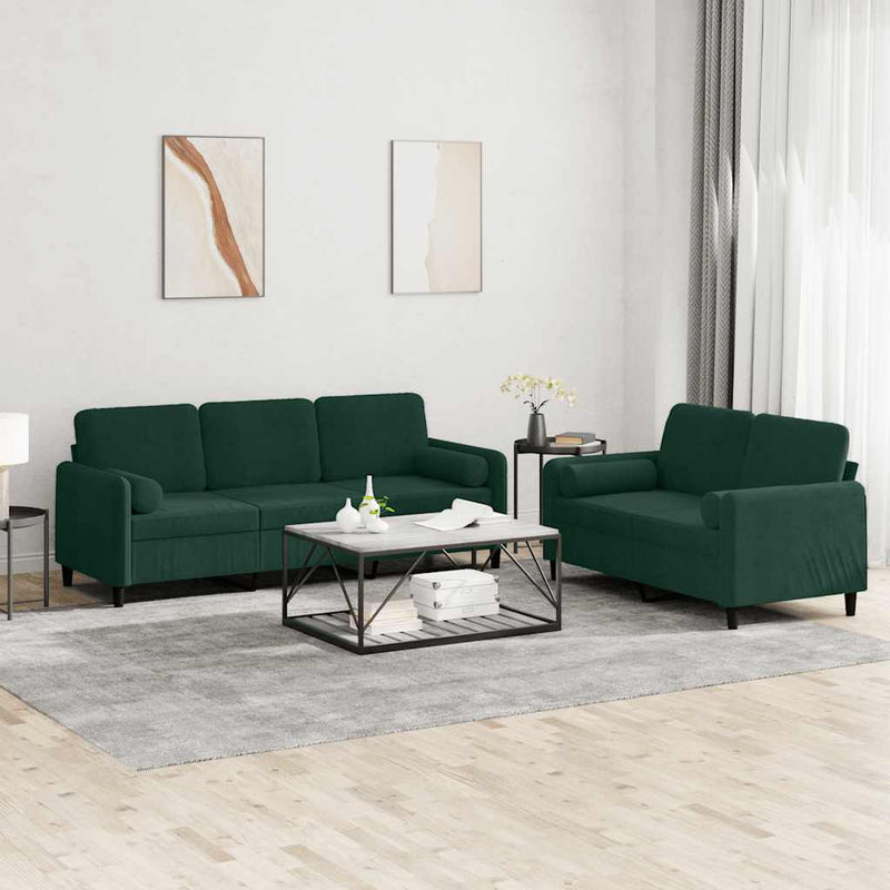 Set canapea cu perne, 2 piese, verde închis, catifea