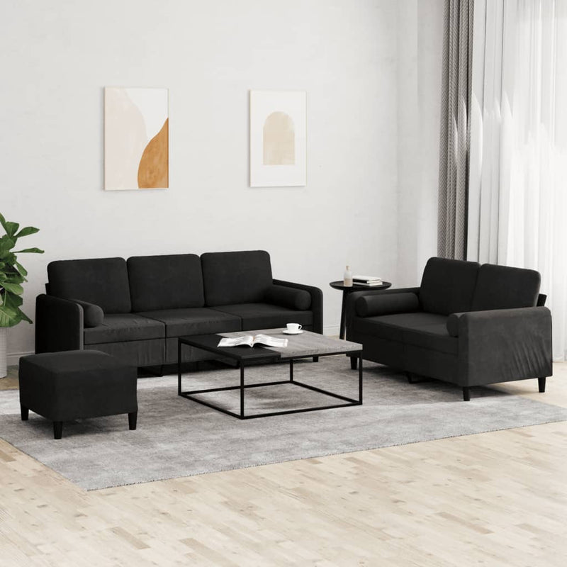 Set de canapele cu perne, 3 piese, negru, catifea