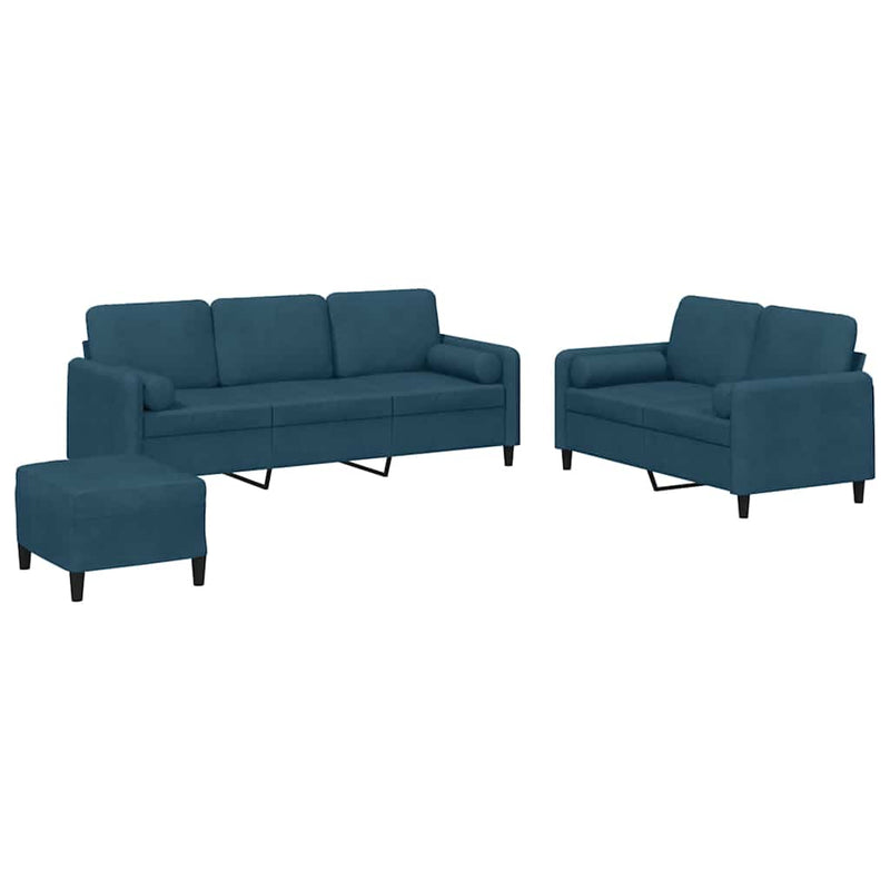 Set de canapele cu perne, 3 piese, albastru, catifea