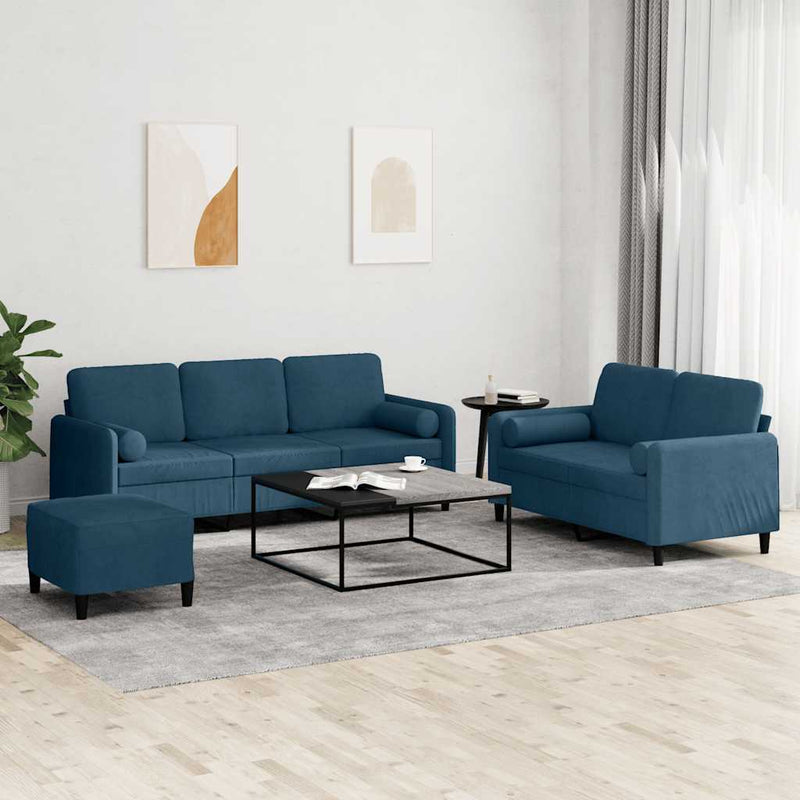 Set de canapele cu perne, 3 piese, albastru, catifea