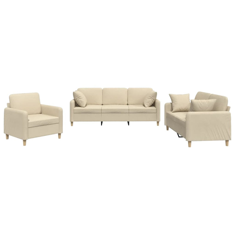 Set de canapele cu perne, 3 piese, crem, textil